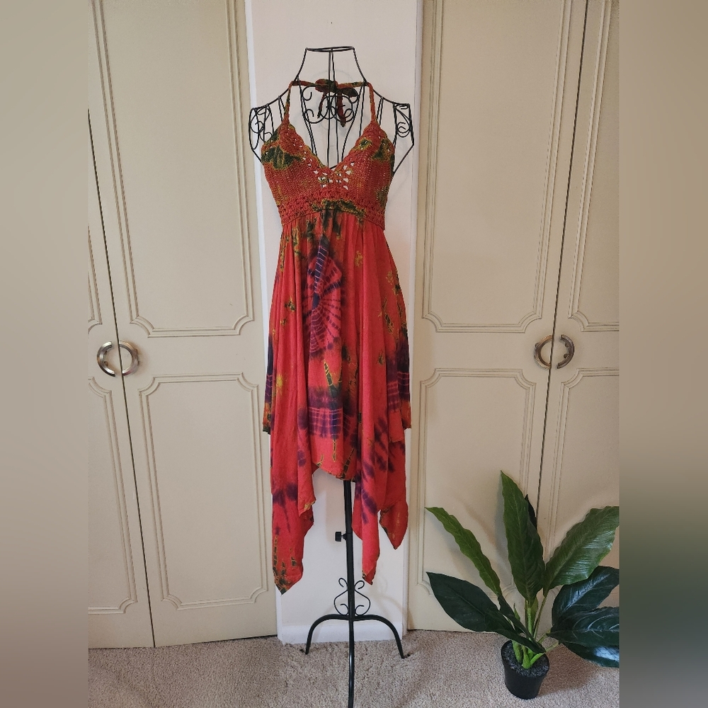 Kirat Crochet Halter Tie-Dye Dress Size S/M Fairycore, Festival